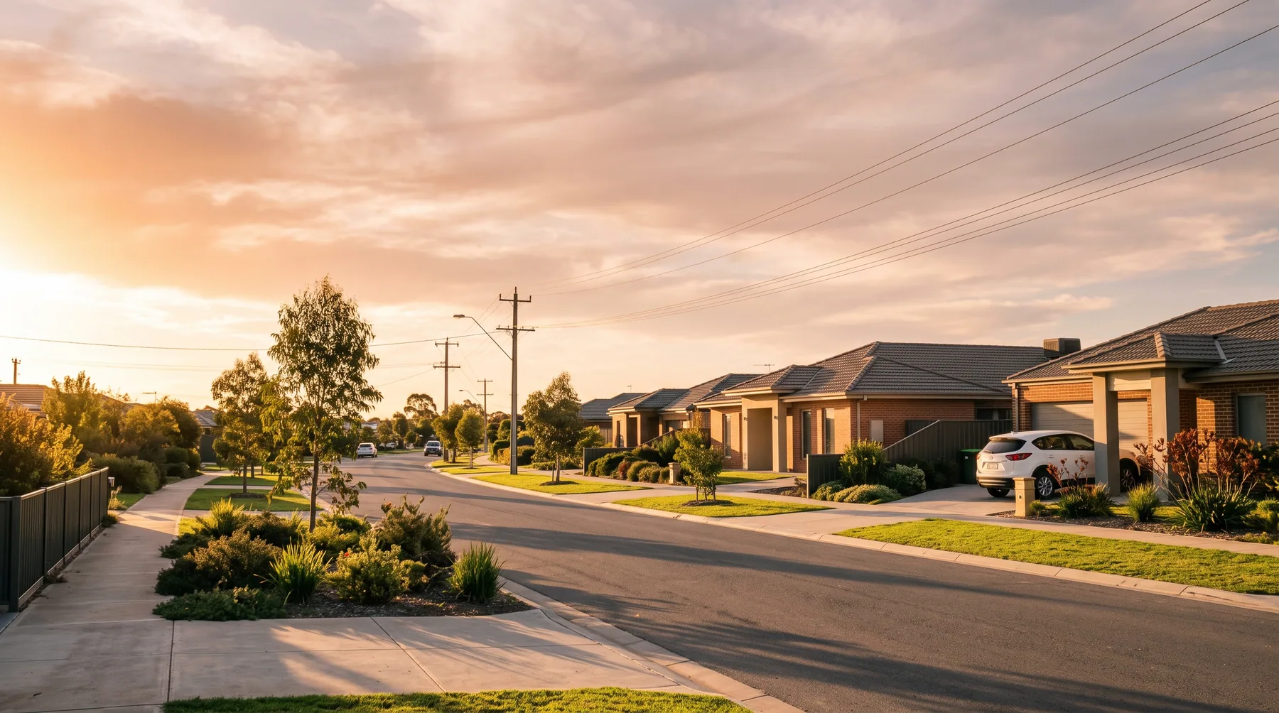 Indicative streetscape of new homes in Shepparton South East at golden hour